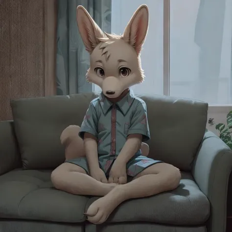 there is a cartoon fox sitting on a couch with a shirt on