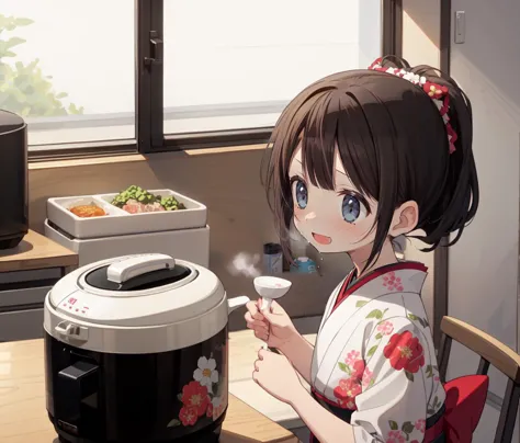 anime girl in kimono outfit sitting at a table with a rice cooker