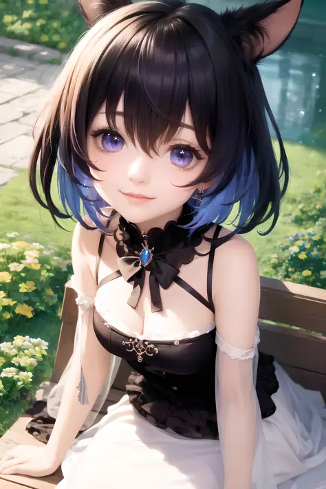 absurdres,extremely detailed CG unity 8k wallpaper,masterpiece,best quality,((extremely detailed CG)), ((8k_wallpaper)), (masterpiece),best quality, high resolution illustration, hyperdetailed, highres,(Upper body),head tilt, seiza, (Smile:1.2),1girl,(blue gradient hair),beautiful_face,animal ears,Highly detailed and beautiful eyes,(an extremely delicate and beautiful),(Beautiful and detailed facial depiction),dress,medium_breasts,