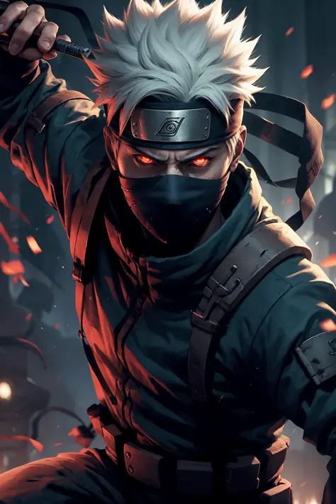kakashi, 1boy, male focus, solo, glowing, red eyes, ninja, weapon, glowing eyes, holding, looking at viewer, fingerless gloves, gloves, holding weapon, sword, black gloves