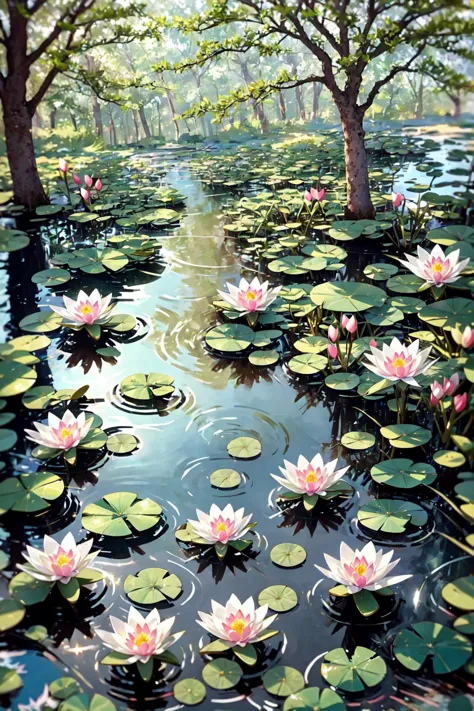 a painting of a pond with water lilies and trees