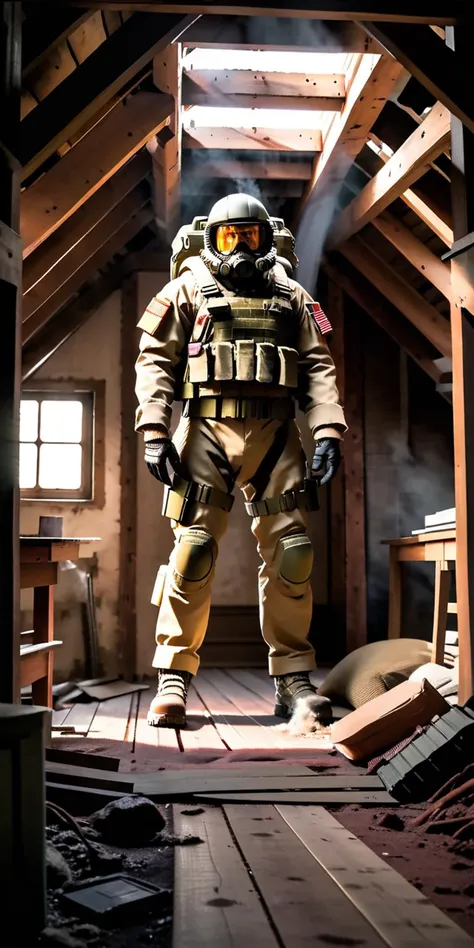 in the attic, a portrait of an space marine rising above a futuristic battlefield, mud covers the sage camouflage uniform and li...