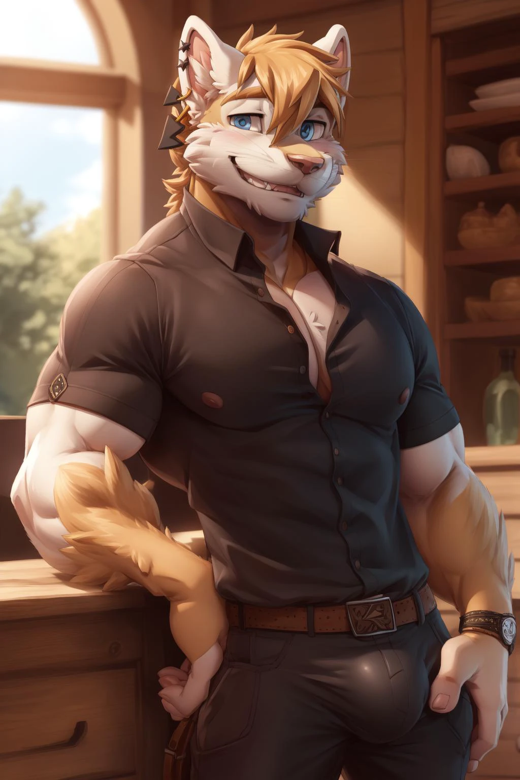 waltt, muscular, big pecs, earring,  (posing:1.3), (soft shading), 4k, hi res, ((detailed face, detailed)), by zackarry911, by zaush, (by personalami:0.5), solo, looking at viewer, blush, smile, shirt, 1boy, male focus, thighs, cowboy shot, belt, pants, black shirt, fangs, thick thighs, black pants, bulge