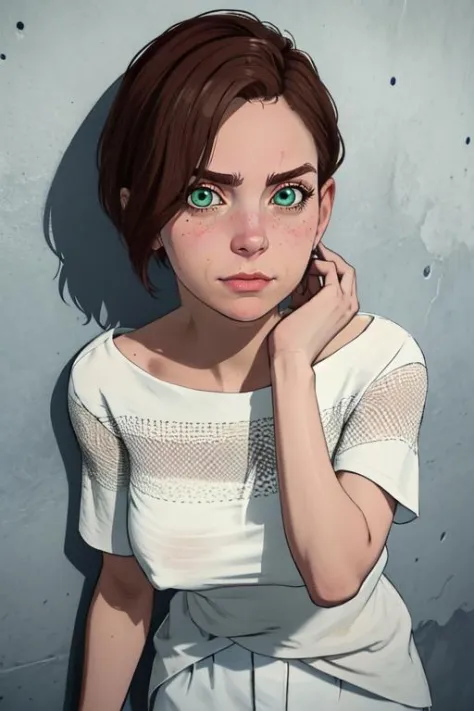 beta,  short brown hair,  nervous,  green eyes,    covered nipples,  sagging breasts, 
upper body,  solo, looking at viewer,  tight shirt,  see-through, 
white shirt, short sleeves,  white pants, shoes,  
leaning on wall, 
bunker, cyberpunk,  
(insanely detailed, beautiful detailed face,beautiful detailed eyes, masterpiece, best quality)  