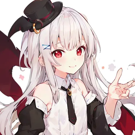 komori,idolcloth,masterpiece,best quality,white hair, red eyes,white shirt,(black formal hat),(hairclip),(small mole under mouth),smile,highres,4k,black detached sleeves, upper body