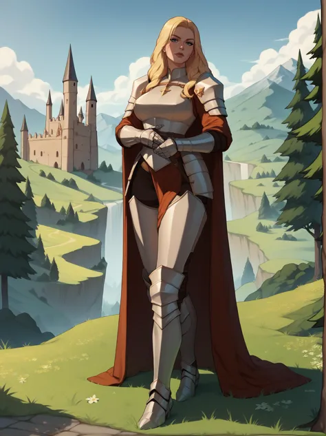 score_9, score_8_up, score_7_up, score_6_up, score_5_up, score_4_up, knight commander woman, armored female, large breasts, mature female, long blonde hair, standing looking at viewer, castle, trees, mountains, grass fields, medieval fantasy,