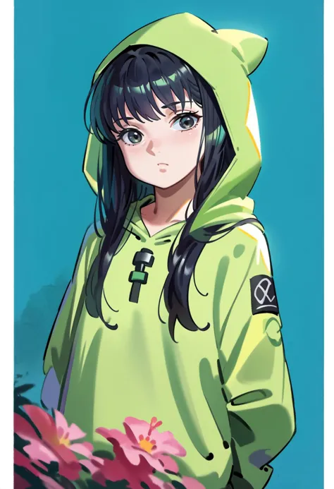 anime girl in green hoodie with flowers in front of her