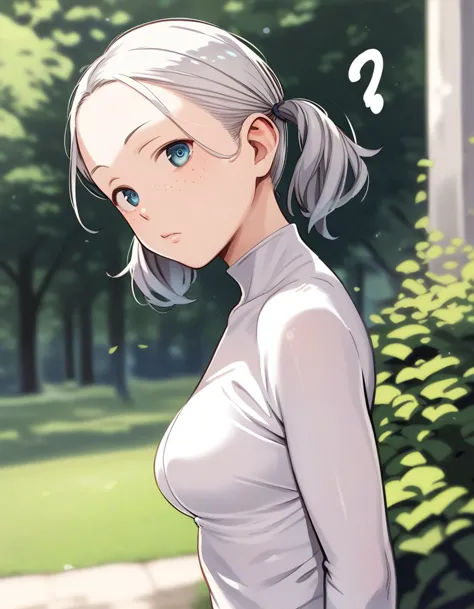 anime girl with blue eyes and a white shirt standing in front of a tree