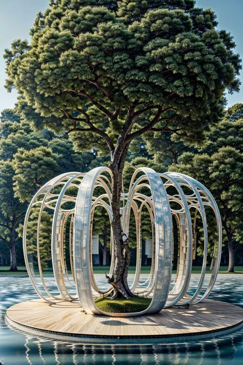 a painting of a tree in a circular structure in a park