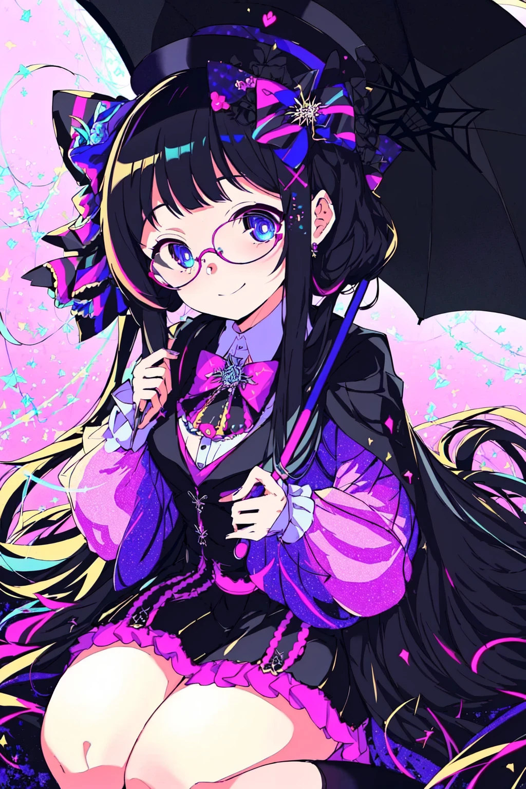 1girl, mature female, sexy, bag, black hair, black jacket, blue eyes, closed umbrella, colorful, glasses, hair bow, hair ribbon, hairclip, hand in pocket, hands up, hat, holding, long hair, looking at viewer, pink background, pink hair, plant, psychogenic dream style, sitting, smile, socks, solo, striped, top hat, LimitBreakStyler Best_QualityPos BodyPositive Cent-Angle Earth-QualityPos