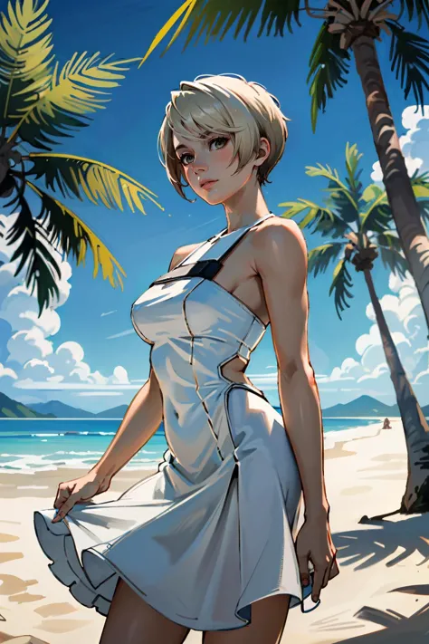 a woman in a white dress standing on a beach next to palm trees