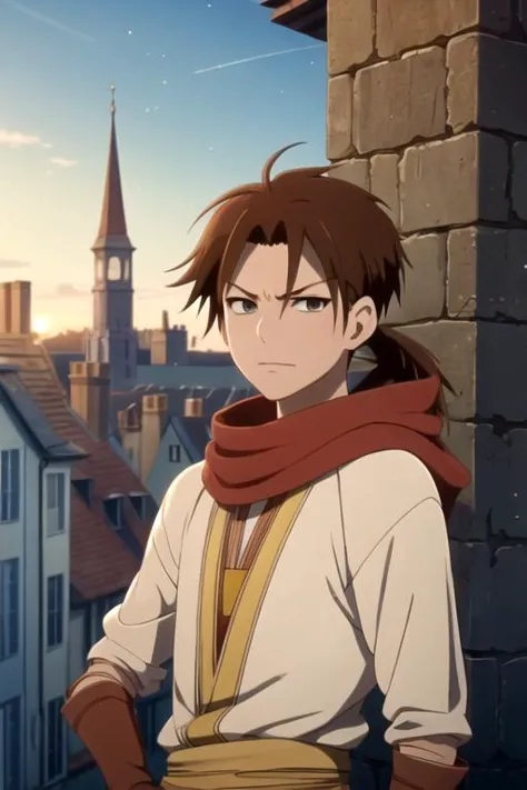 masterpiece, best quality, movie still, 1boy, solo, male focus, looking at viewer, upper body, depth of field, ligne claire, , mihaya_akagami_no_shirayuki-hime, brown hair, brown eyes, low ponytail, , The Tower of Destiny,