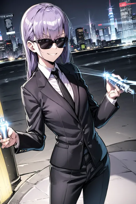 anime girl in a suit holding a gun and a cell phone