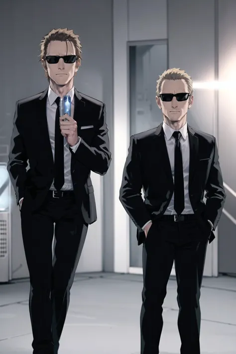 two men in suits and sunglasses are standing in a room