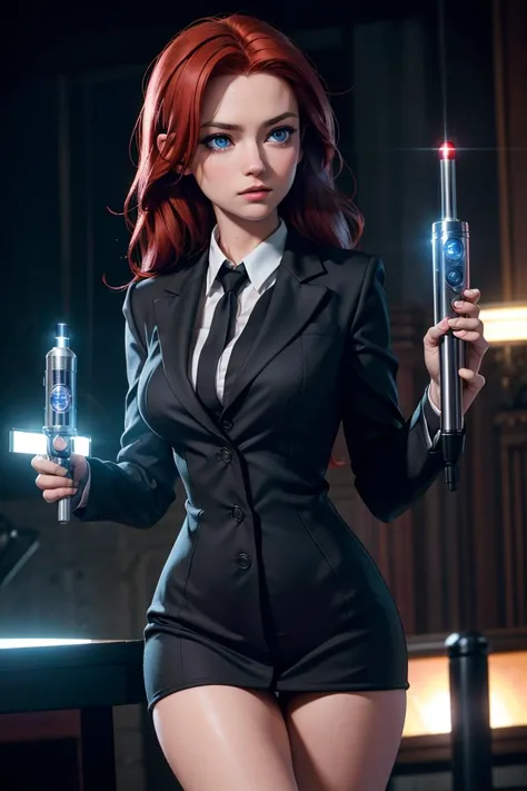 a woman in a suit holding a gun and a bottle