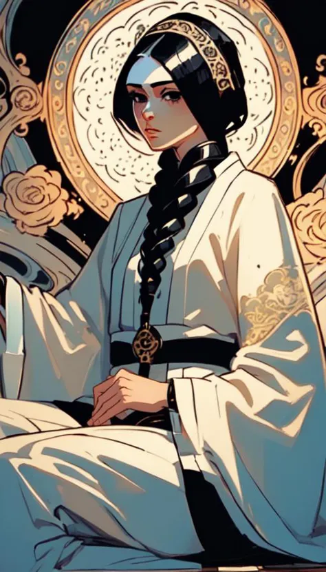 Sitting, (((masterpiece, best quality, Ornate details, megapixel)))
<lora:v1x0nstyl3:0.8> v1x0nstyl3
<lora:unohana_retsu_v1:0.8> unohana retsu, black hair, single braid, black eyes