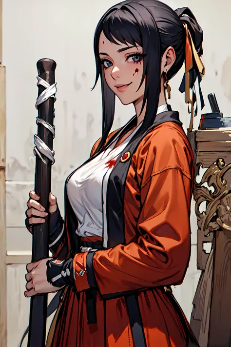 masterpiece,best quality, unreal engine, ultra res, extremely detailed,
HEWS STYLE
CSR STYLE  ROUND BREASTS, medium BREASTS
(simple background:1.2)
1girl,waist, slender, (muscular:0.7)
face shot, ultra close shot,
watching at viewer
japanese clothes, hibikims, skirt, hakama, evil smile, blood on face
holding sword, weapon,