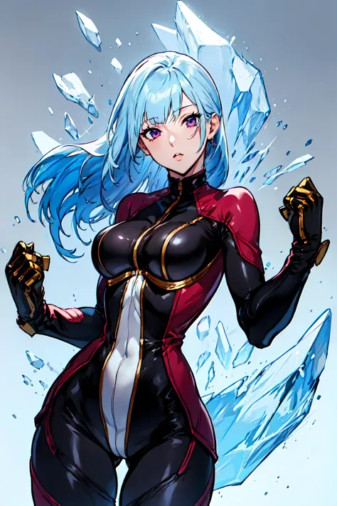 best quality, extremely detailed, anime style, key visual,
8k, high res,
ROUND BREASTS, medium BREASTS
(simple background,:1.3)
watching at viewer
1girl, slender, waist, muscular
KULAMS, BODYSUIT, GLOVES, ZIPPER
standing ,  sexy pose,
frozen wind, icy effect,