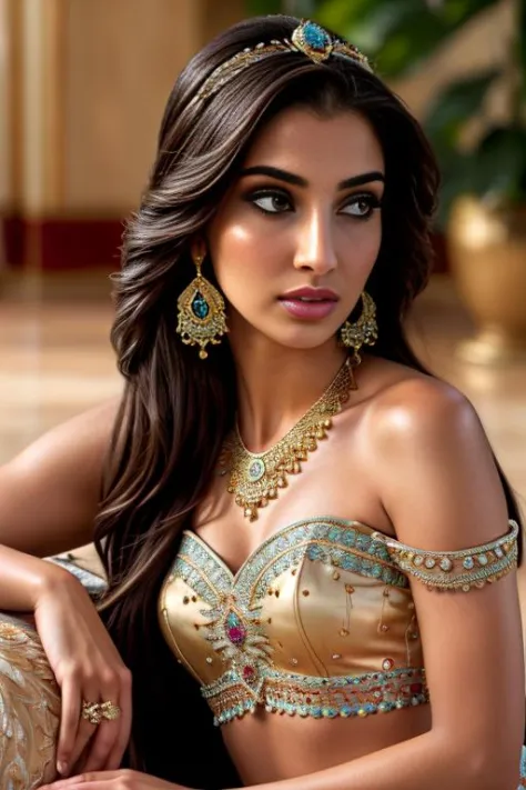 taking 25yo <lora:jasmine:0.8> jasmine, arabian clothes, navel, bare shoulders, navel, jewelry, brown eyes, midriff, earrings, necklace, see-through, white flower, gem, dark skin, (full body, photorealistic: 1.3), Sitting with legs tucked under, in Ben Hur BREAK ((photorealistic), realistic face, medium breasts), beautifully detailed woman, realistic face, detailed mouth, extremely detailed eyes_and_face, beautiful attractive face, beautiful detailed eyes, pronounced feminine feature, matte eyeshadow, eyelashes, eyeliner, perfect body, smooth skin BREAK   color HD photo, BLN-L24 Camera, (full body, high quality photo, masterpiece), HDR, 8K resolution, analogue RAW DSLR, best quality, absurdres, vivid vibrant colors, skin pores, intricate detail, (intricately detailed face_and_eyes), realistic human hands, sophisticated detail, (realistic lighting, sharp focus), centerfold, bokeh, official art, 8k wallpaper, ultra high res, professional photography