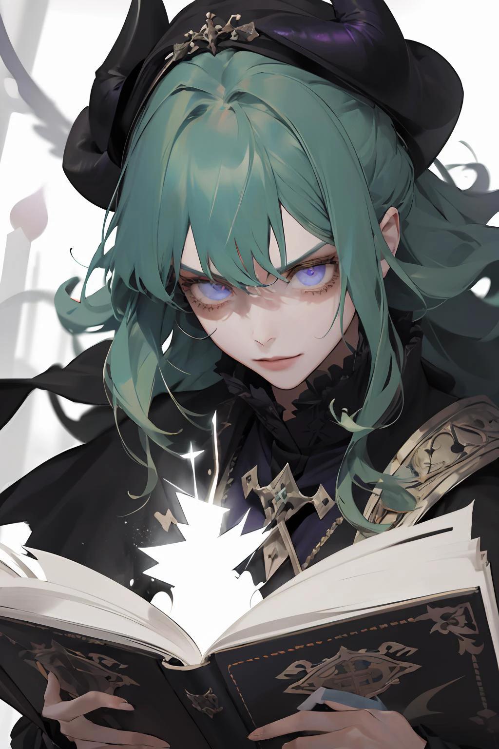 (absurdres, highres, ultra detailed), 1girl, solo, extremely detailed eyes, colorful, highest detailed,  portrait, looking down, solo, (full body:0.6), detailed background, detailed face, (renaissance theme:1.1) evil sorcerer,  color magical robes, sinister smirk, scarlet color scheme, dark green light, summoning circle, bookshelves, glowing magical text,  dark atmosphere, shadows, realistic lighting, floating particles, sparks, surrounded by yellow lightning summoning, (thick melting candles:0.8), purple arcane symbols,  power-hungry eyes,
