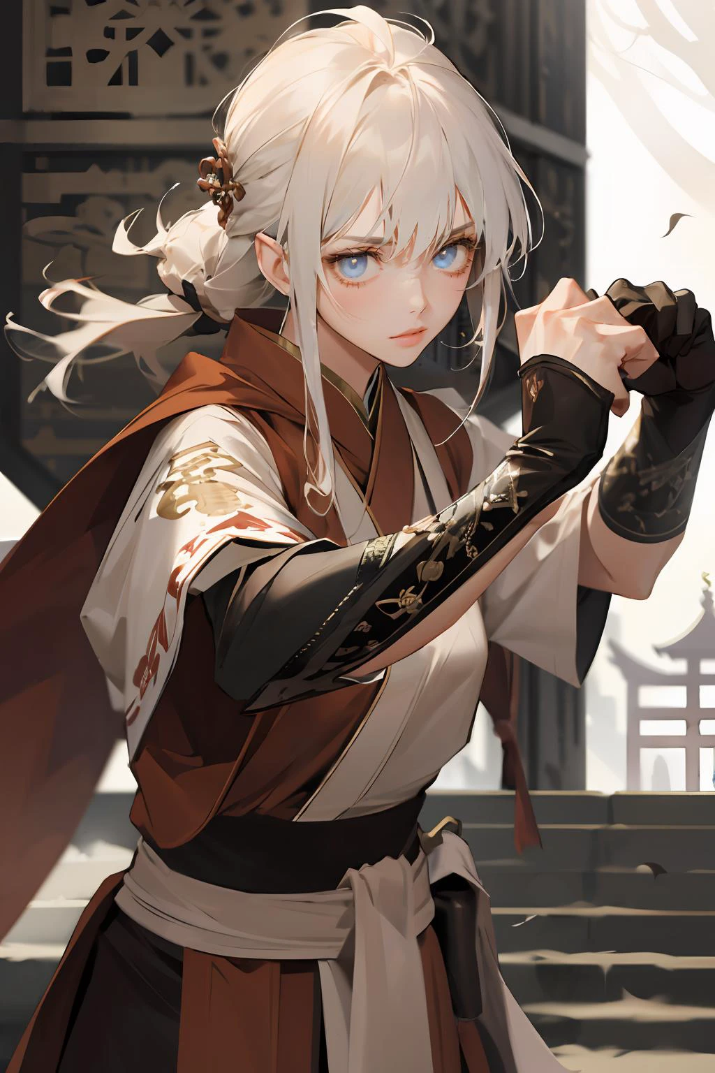 (absurdres, highres, ultra detailed), 1girl, solo, extremely detailed eyes, colorful, highest detailed,  looking at viewer, solo, (full body:0.6), detailed background, detailed face, (imperial china theme:1.1),   monk, dynamic pose, fighting stance, clenched fist,  fingerless gloves, wristwraps,  elemental themed clothes, monk robes, eastern temple stairs in background,  dust cloud, depth of field, dynamic composition, mystical eastern medieval atmosphere,