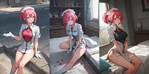 anime character sitting on a bed with a knife in her hand