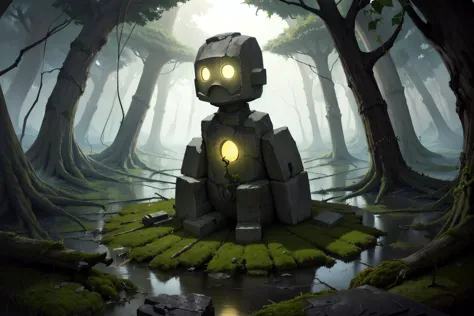 there is a robot that is sitting in the middle of a forest