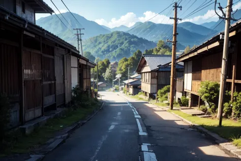 there is a street with houses and mountains in the background