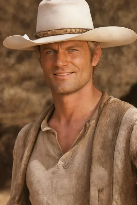 a close up of a man wearing a hat and vest