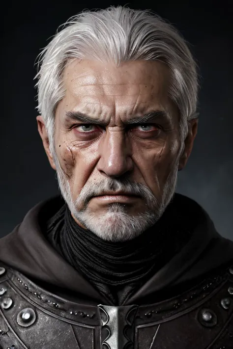 a close up of a man with a white beard and a leather jacket