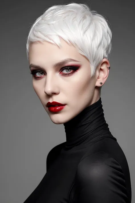 a woman with white hair and red lipstick posing for a picture