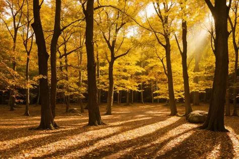 trees with yellow leaves in a forest with sun shining through them