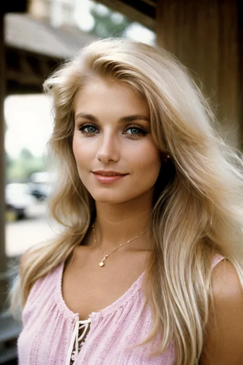 a close up of a woman with long blonde hair and a pink top