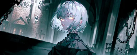 anime girl with white hair and blue eyes standing in a dark room