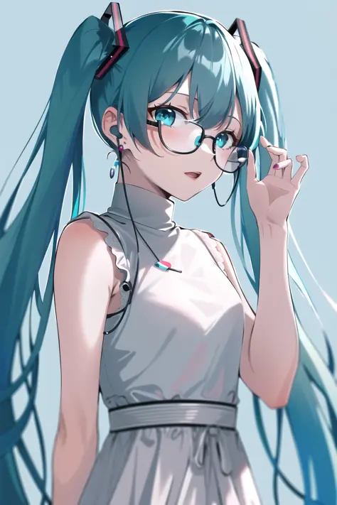 rolua, 

hatsune miku, 

1girl, aqua eyes, aqua hair, background text, bangs, bespectacled, dress, earphones, earrings, facing t...