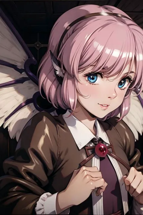 mystia lorelei, (masterpiece:1.1), (best quality:1.1), 1girl, Real light and shadow, anime face, 4k, 8k, 1girl,, okamisty, animal ears, wings, head scarf, japanese clothes, short hair, pink hair,epic, detail texture, pinkhair, (blue eyes:1.5), ((((pink hair:1.35 colored inner hair,ear breathing)))),((blue_eyes:1.3))),intricate eyes,beautiful detailed eyes,symmetrical eyes,big eyes:1.5,(((lustrous skin:1.5,bright skin: 1.5,skin tanned,shiny skin,very shiny skin,shiny body,plastic glitter skin,exaggerated shiny skin,illuminated skin))),(detailed body,(detailed face)), cute,slutty,erotic,daring, (((medieval man clothes,adventurer man clothing,winter coat,unbuttoned shirt))),(((intricate outfit,intricate clothes,embroidered outfit,ornate outfit,embroidered clothes,ornate clothes))), (dynamic pose:1.0),happy,smile,(centered,scale to fit dimensions,Rule of thirds), (ultra detailed,extremely detailed),(photorealistic artwork:1.37),(extremely detailed CG unity 8k wallpaper),(((vibrant colors,vibrant theme))),(intricate),(masterpiece),(best quality),