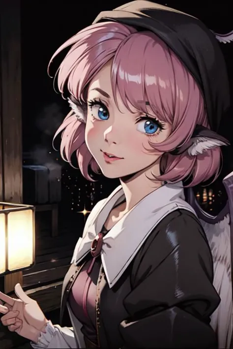 anime girl with pink hair and blue eyes holding a light