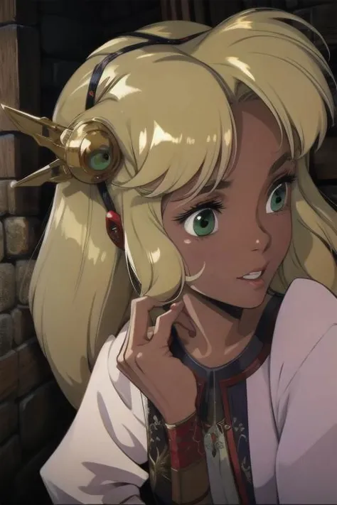 a woman with blonde hair and green eyes is looking at something