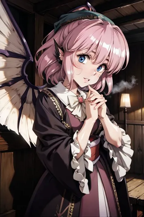 anime girl with pink hair and wings in a room