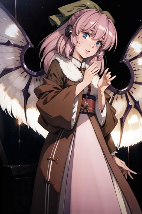 anime girl with pink hair and angel wings in a dark room