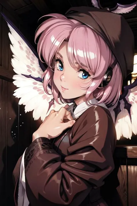 anime girl with pink hair and angel wings in a dark room