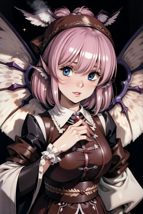 anime girl with pink hair and wings in a brown outfit