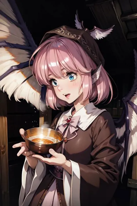 anime girl with pink hair and wings holding a bowl of soup