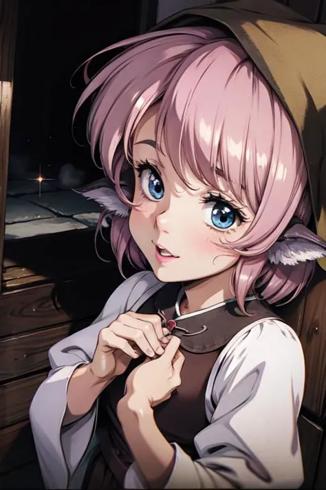 anime girl with pink hair and blue eyes holding scissors