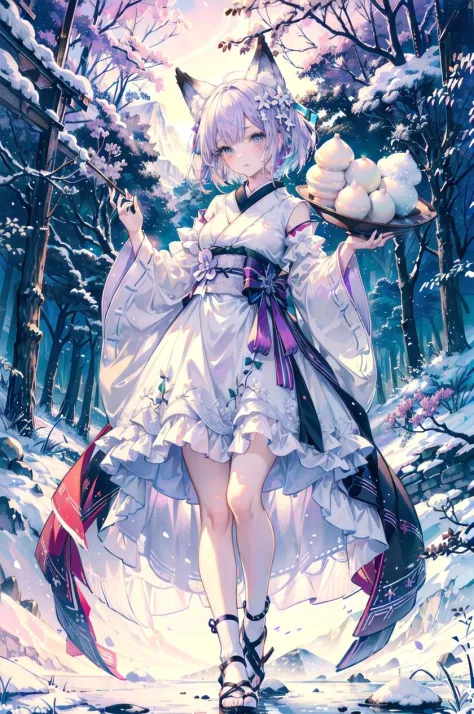 (masterpiece) ((pale purple hair, fox ears, fullbody with legs and shoes visible)) standing up, best quality, expressive eyes, p...