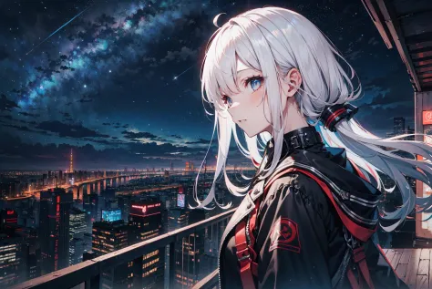 1girl, white hair, long hair, sparkling eyes, city, night, neon lights, skyscraper, rooftop, starry sky, masterpiece, best quali...