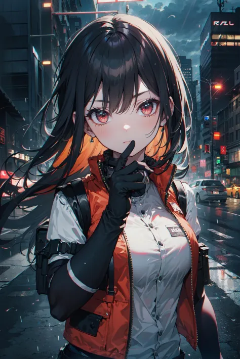 masterpiece, best quality, 1girl, black long hair, red eyes, (Tactical Vest, Tactical Gloves:1.4), expressionless,cloudy, city, ...