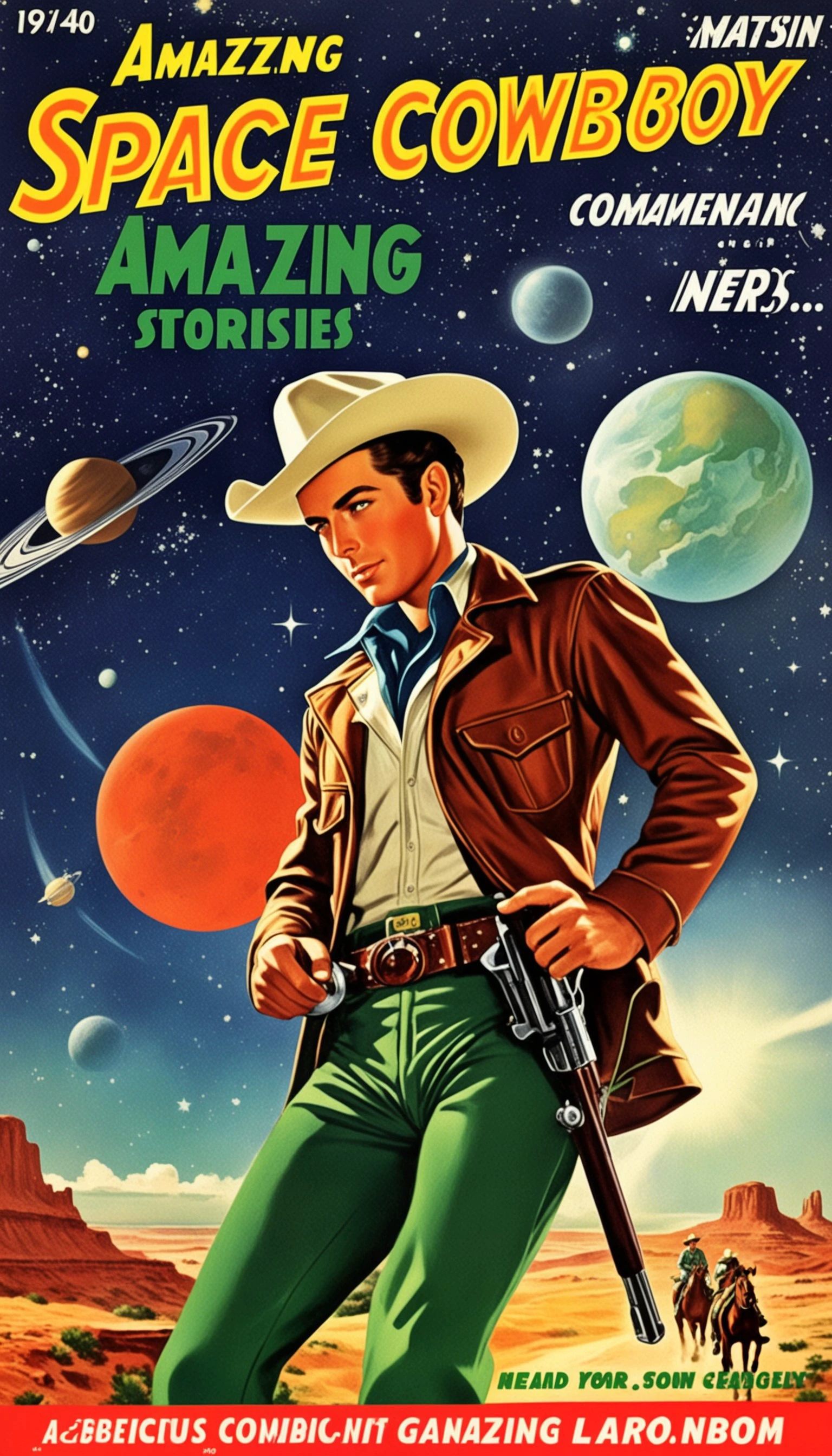 uma capa para uma história em quadrinhos, uma capa de história em quadrinhos sobre todo o cowboy espacial, 1 cowboy usando um chapéu no estilo de histórias incríveis, 1940s 1950s, vermelho e verde, Arte em quadrinhos, cenas de gênero realistas, realismo romantizado dinâmico