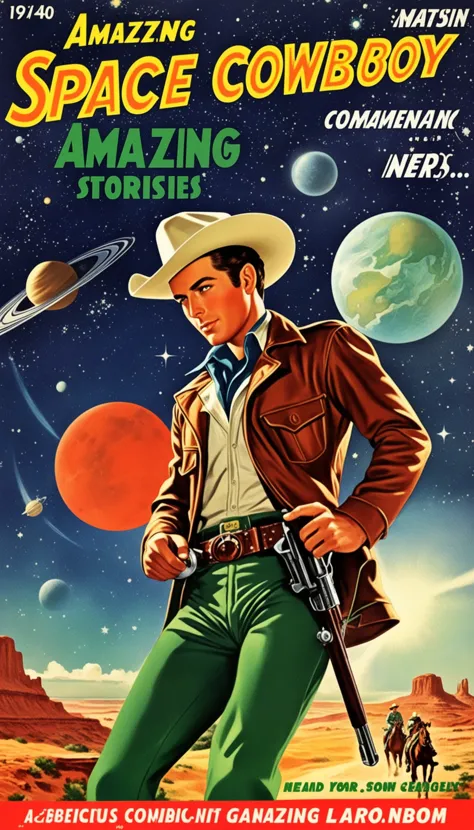 a cover for a comic book, a comic book cover about all space cowboy, 1 cowboy wearing a hat in the style of amazing stories, 1940s 1950s, red and green, comic art, realistic genre scenes, romanticized realism dynamic