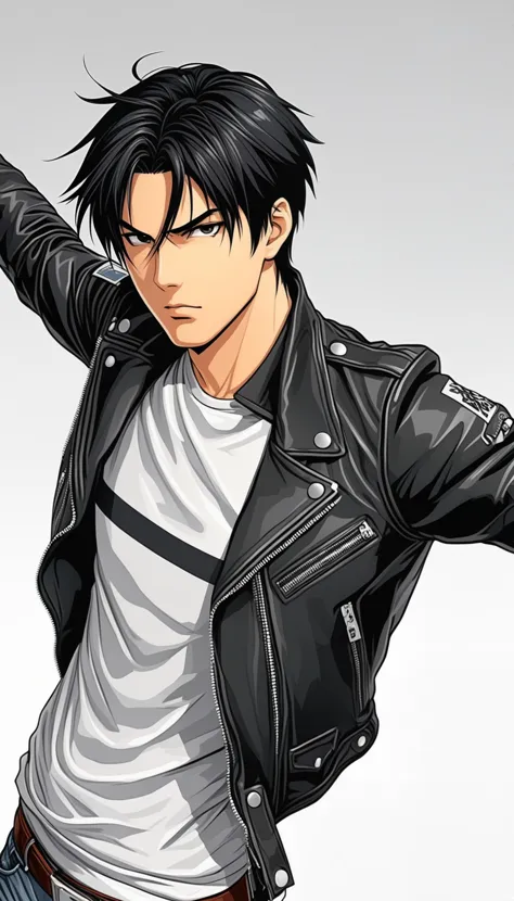 1boy, black hair, white background, short cut hair, leather jacket, tshirt, upper body, detailed shape, detailed line, art of fighting attitude, color manga style